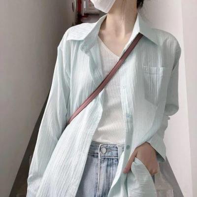 [Spot] long sleeve thin type sunscreen striped shirt top womens design sense summer loose shirt coat 2023
