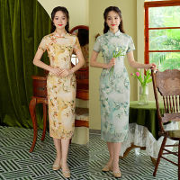 Oriental ฤดูร้อนดอกไม้พิมพ์แขนสั้น Cheongsam ชุดผู้หญิงจีน Mandarin Collar Qipao