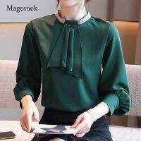 2020 New Autumn O-Neck Long Sleeve Pullover Womens Tops and Blouse Spliced Ladies Elegant Solid Chiffon Shirt Blusas 10667