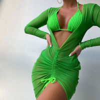 BIQIUYYI Fluorescent Green Three Piece Set Bikini Summer Protection Shade Swimwear Women Triangle Cup Beachwear Mujer Swimsuit