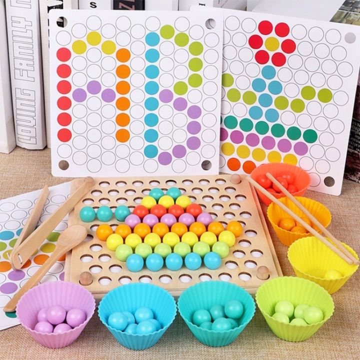 Wooden Bead Holder (Pattern copying) small colorful balls with tongs  pattern board educational toy
