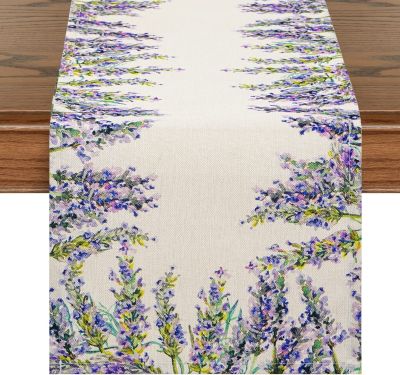 【LZ】◎  Spring Lavender Linen Table Runner Wedding Decoration Purple Flowers Holiday Table Runners for Home Kitchen Party Decor