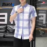 เสื้อฤดูร้อน RUNAY แขนสั้นผู้ชายแฟชั่นใหม่เสื้อเชิ้ตลายสก๊อตไม่มีเหล็ก