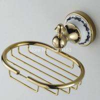 卐☽ Bathroom Accessory Ceramic Flower pattern Golden Brass Wall Mounted Bathroom Soap Basket Dish Holder aba253