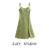 ZR European And American Style ZA Womens Clothing French Niche Wrapping Chest And Waist Showing Thin Floral Print Slit Suspender Dress