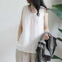 New Round Neck Versatile Solid Color Refreshing Vest Shirt, Xia Xiaoxian, Literary Casual Cotton And Linen Home Doll