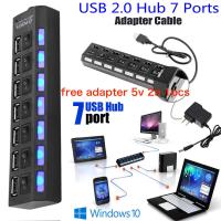 USB 2.0 7 Port Power On/Off Switch LED Hub for PC Laptop Notebook WH Free adapter 5v 2a 1pcs