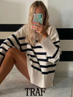 TRAF 2023 Women Autumn Sweater Fashion Striped Print Pullover Knit Long Sleeve O-Neck Loose Causal Pullover Knit Tops2023