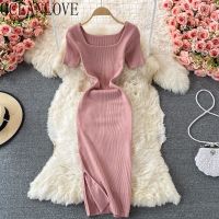 【Ladies shop】 OCEANLOVE Knittedfor Women Clothing Solid Short Sleeve Square Neck Stretch Vestidos Sexy 2022 SpringDresses