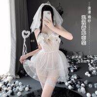 2022 New Sexy Bride Cosplay Uniform Lingerie Set See-Through Wedding Gown Erotic Crown Hair Hoop Bridal Veil Cute Princess Skirt