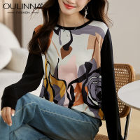 OULINNA เสื้อสเวตเตอร์ผ้าซาตินพิมพ์ลาย,เสื้อสเวตเตอร์แบบสวมหัวสำหรับผู้หญิง2023แขนยาวสไตล์ลำลองคอกลมฤดูใบไม้ร่วง