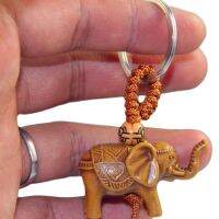 【cw】 1 2pcs Elephant Keychain Wood Carving Riches Chain Pendant Rings