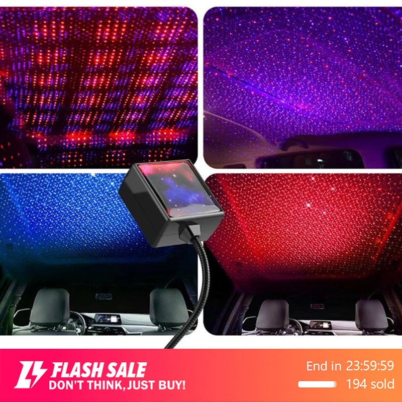 Gradient + Flash + Voice Control Car Star Lights Ceiling Decorative Lights Starry Car Atmosphere Lamp Festival Romantic with USB Plug Projection Lamp Red Light 
