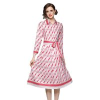 Women Dress Spot Real  Elegant Long Sleeve  Vintage Printed Midi Dress