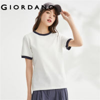 GIORDANO Women T-Shirts Contrast Color Trim Fashion Rib Tee Summer Short Sleeve Crewneck Comfort Relaxed Casual Tshirts 18323005