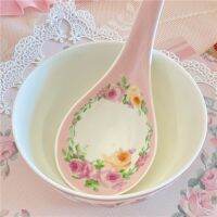 ◇❏ Home Kitchen Utensils Retro Ceramic Rice Spoon Bow Rose Printing Long Handle Big Spoon Restaurant Exquisite Soup Small Spoon