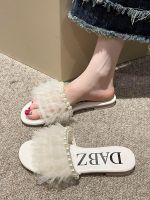 ☼✶✉ Flat-bottomed slippers womens summer wear 2023 new mesh pearl fairy wind with skirt beach word sandals and slippers