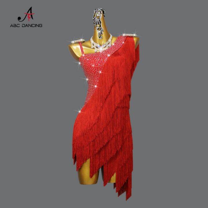 New Red Professional Latin Dance Competition Fringe Dress Senior