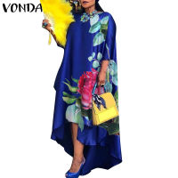 Women Dress  VONDA Vintage Printed Asymmetric Party Long Maxi Dress Femme Robe Beach Sundress Casual Vestido Plus Size Robe