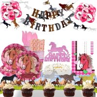 ┋▣✗ Pink Horse Party Decor Disposable tableware Horse Party Plates Napkins Cups Horse Birthday Banner Ballons Horse Birthday Party