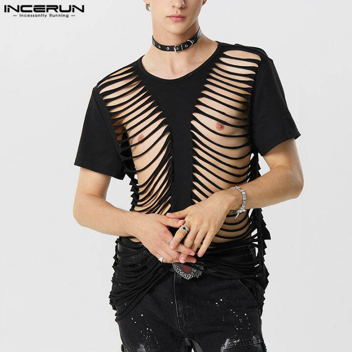 incerun-ผู้ชายแขนสั้น-streetwear-เสื้อธรรมดาบุคลิกภาพเสื้อยืดคอกลวงออกลูกเรือ-สไตล์ตะวันตก