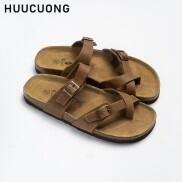 Dép unisex HuuCuong xỏ ngón da bò nâu đế trấu handmade