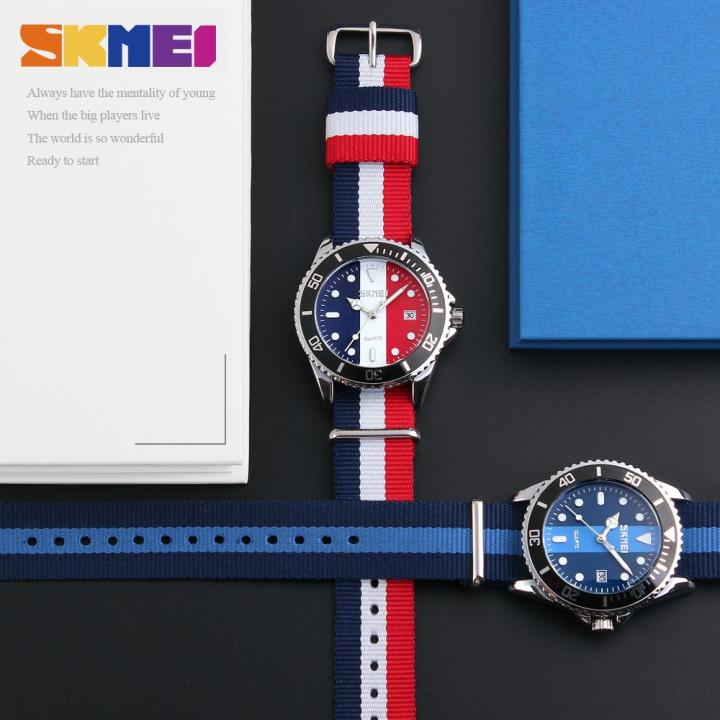 skmei-นาฬิกากันน้ำสำหรับผู้หญิงลำลองนาฬิกาแฟชั่นผู้ชายสายไนลอนหลากสี-นาฬิกาข้อมือควอทซ์9133