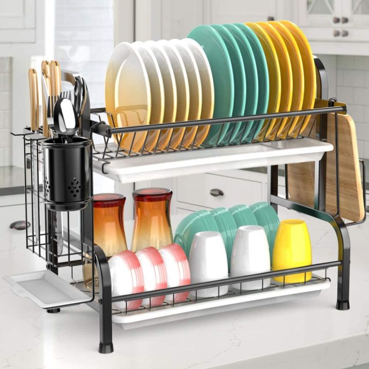 Dish Drying Rack, iSPECLE 2 Tier Dish Rack with Drainer Board with Utensil  & Cup Holder, Black 