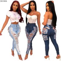 CM.YAYA Denim Pants Women Retro Solid Sexy Hole Hollow Out Jeans Ripped Flare Trousers Street Skinny High Waist Lady Pant