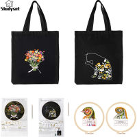 Studyset IN stock 2pcs Embroidery Sewing Kit With Floral Black Cat Patterns Cross Stitch Kits For Beginners (34 X 40cm)