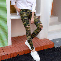 【cw】 Spring and Summer Camouflage Printed Front Ripped Leggings Irregular Hollow-out Milk Silk Slim Slimming Cropped Casual Pants ！