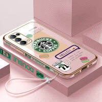 เคสเคสมือถือสำหรับ OPPO Reno 5 Reno5 5ก. พร้อมฟรีสายคล้อง + โลโก้สตาร์บัคแฟชั่นฝาหลังนิ่มชุบขอบสี่เหลี่ยม