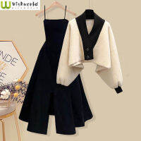 Large Spring and Autumn Suit Womens  New Korean Fashion Knitted Sweater with Slim Waist and Black Dress Two-piece Set