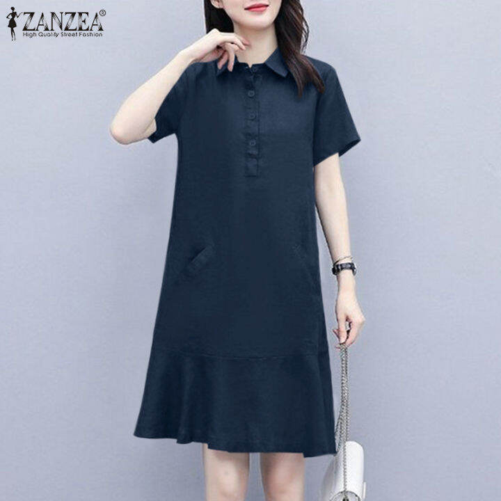 จัดส่งฟรี-fancystyle-zanzea-เสื้อสไตล์เกาหลีของผู้หญิงปกพับลงผ้าฝ้ายชุดเดรสฟูย้อนยุค-8