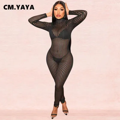 CM.YAYA Women Jumpsuits Solid Mesh See-through Pencil Rompers Sexy Night Club One Piece Overalls Fashion Outfits Autumn 2021