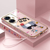 เคสโทรศัพท์พร้อมสำหรับเคส C55 Realme Realme เคส C55 (ฟรีสายคล้อง) ลายการ์ตูนน่ารักดินสอสีชินจันเคสขอบสี่เหลี่ยมชุบเคสโทรศัพท์เคสโทรศัพท์นิ่มชุบหรูหรา