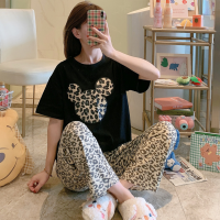 Mouse Funny Tops and Leopard Pant Pajama Sets for Ladies Soft 2 Pieces Homewear Casual Home Suit for Women Summer