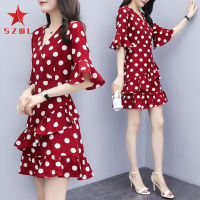 SZWL Women Dress V-neck Slimming Polka Dot Mid-waist Chiffon Ruffled Dress