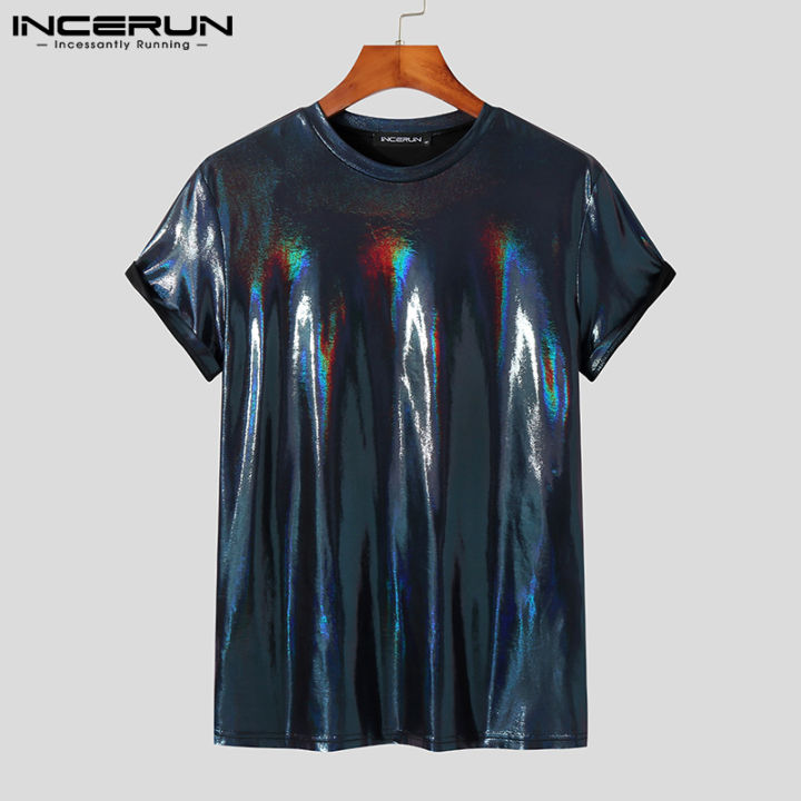 [Perfectly] INCERUN Men Glitter Shiny Wet Look Short Sleeve T-Shirt Fit ...