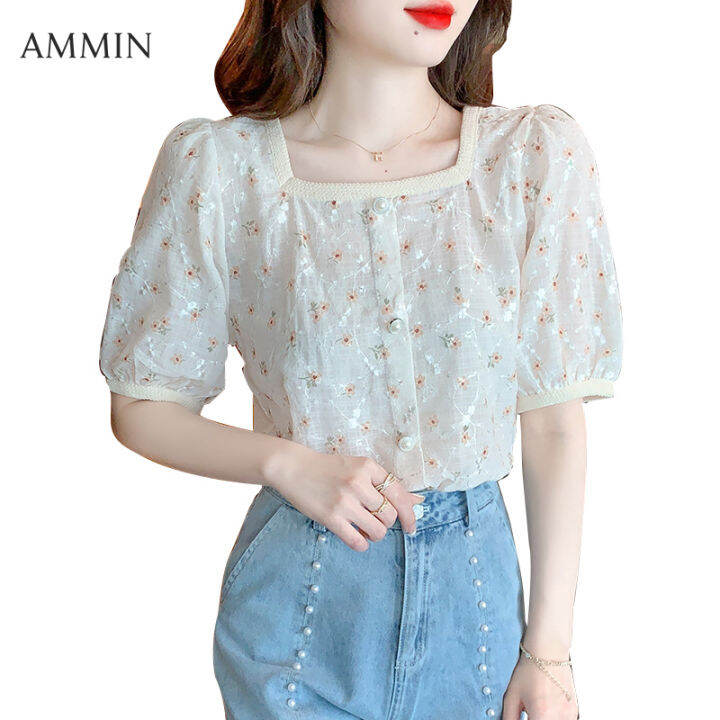 ammin-เสื้อสตรีผ้าชีฟองคอสี่เหลี่ยมสไตล์ฝรั่งเศส-เสื้อแขนพองหลวมพิมพ์ลายดอกไม้ย้อนยุคสไตล์เกาหลีเสื้อคาร์ดิแกนแขนสั้นเสื้อผู้หญิงที่สง่างามสำหรับฤดูร้อนปี2022