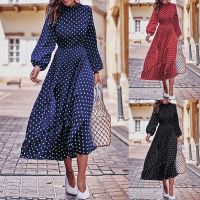 【Ladies shop】ฤดูใบไม้ร่วงแฟชั่นผู้หญิง Partyo คอยาวแขนไม่สม่ำเสมอขนาดใหญ่ Polka Dots Midi Dresses