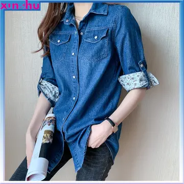 Denim Slim Mid Length Long Sleeve Shirt Jacket Women Spring New Lapel  Single Breasted Pocket Denim Shirt Female Thin Blouses Top - AliExpress