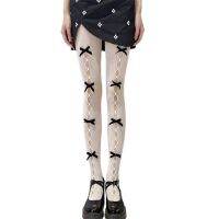 ญี่ปุ่น Lolita ผู้หญิง Fishnet Tights Hollow Out Hole กำมะหยี่ Bowknot Jacquard ถุงน่อง Kawaii ตาข่ายคอสเพลย์ Pantyhose