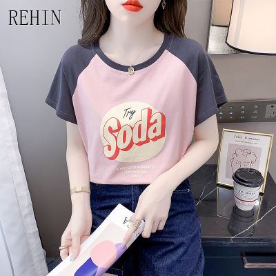 REHIN ผู้หญิงฤดูร้อนใหม่ Patchwork สีสันแขนสั้นเสื้อยืดผ้าฝ้ายหลวมตัวอักษรพิมพ์เสื้อ Elegant