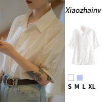 Xiaozhainv เสื้อแขนพองสำหรับผู้หญิง,เสื้อคอปกสีพื้นแนวเรโทรสไตล์เกาหลี