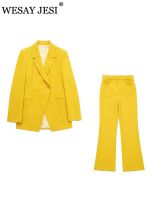 WESAY JESI 2022 Womens 2 Piece Retro High Waist Pants Elegant Suit Women Flared Pants + Double Breasted Solid Color Blazer