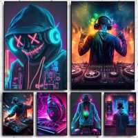 80S Pop Neon Punk หูฟัง DJ โปสเตอร์ Aesthetic แว่นตา Disc Player เพลง Rock ภาพวาดผ้าใบ Wall Art Home Bar เกม Room Decor