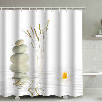 Zen Stone Wild Grass Water Pattern Bathroom Curtain Set ม่านอาบน้ำในห้องน้ำม่านอาบน้ำโพลีเอสเตอร์กันน้ำพิมพ์ดิจิตอลพร้อมตะขอ