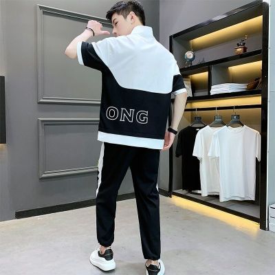 【Ready】🌈 new suit mens y contrast short-sed troers handsome casl clot sports student two-piece suit