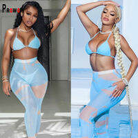 Prowow Women Bikini Set Panty with Mesh Pant Skirt Three Piece Bathing Suits 2022 New Print Summer Female Swimsuit Beachwear